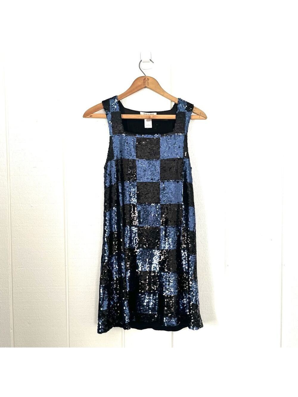 Alice + Olivia Black and Blue Sequin Mini Dress Small Check Checkerboard Pattern